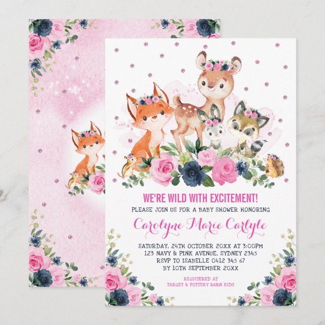 Girl Woodland Animals Navy Pink Floral Baby Shower Invitation (Front/Back)