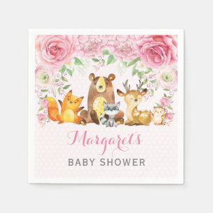 Girl Woodland Animals Pink Floral Baby Shower Napkin