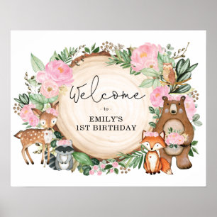 Girl Woodland Animals Pink Floral Birthday Welcome Poster