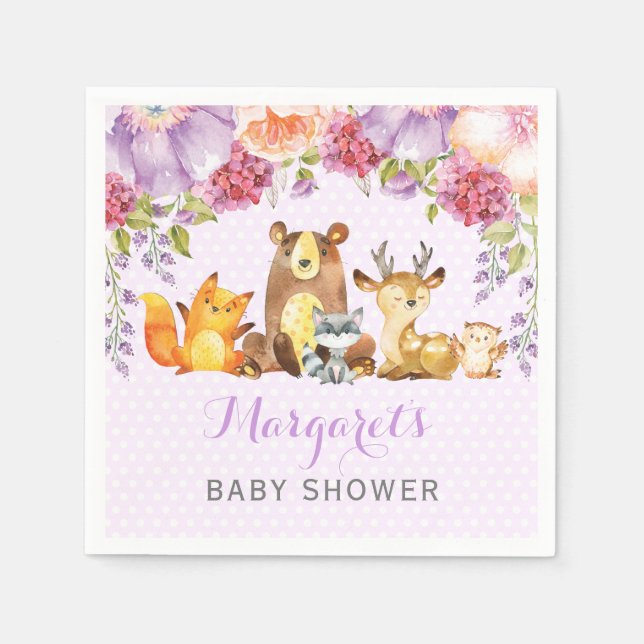 Girl Woodland Animals Purple Floral Baby Shower Napkin (Front)