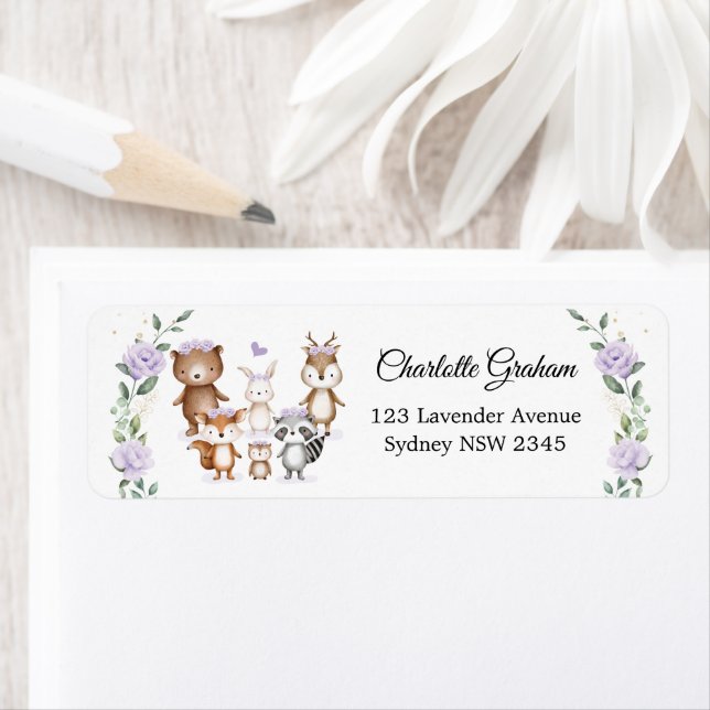 Girl Woodland Animals Purple Flower Return Address (Insitu)