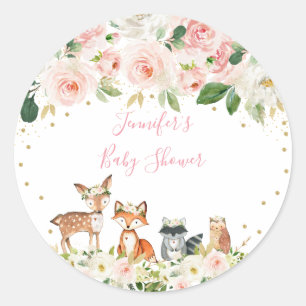 Girl Woodland Baby Shower Blush Floral Classic Round Sticker