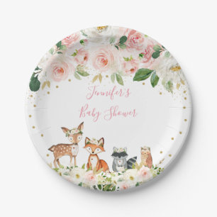 Girl Woodland Baby Shower Blush Floral Paper Plate