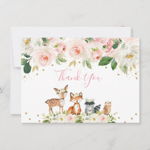Girl Woodland Baby Shower Blush Floral Thank You Card