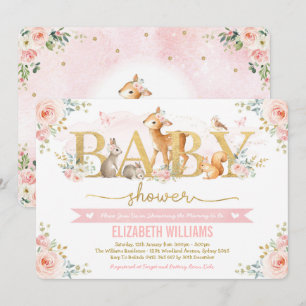 Girl Woodland Baby Shower Blush Pink Floral Forest Invitation
