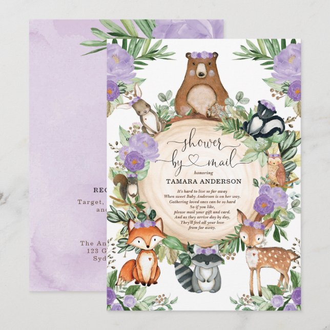Girl Woodland Baby Shower By Mail Purple Floral Invitation (Front/Back)