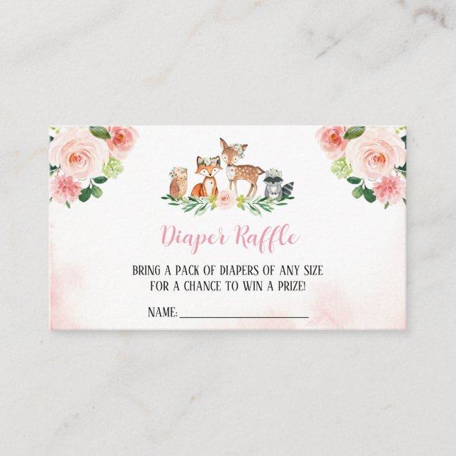Girl Woodland Baby Shower Diaper Raffle Business Card (Front)
