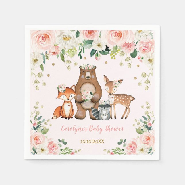 Girl Woodland Baby Shower Forest Animals Birthday Napkin (Front)