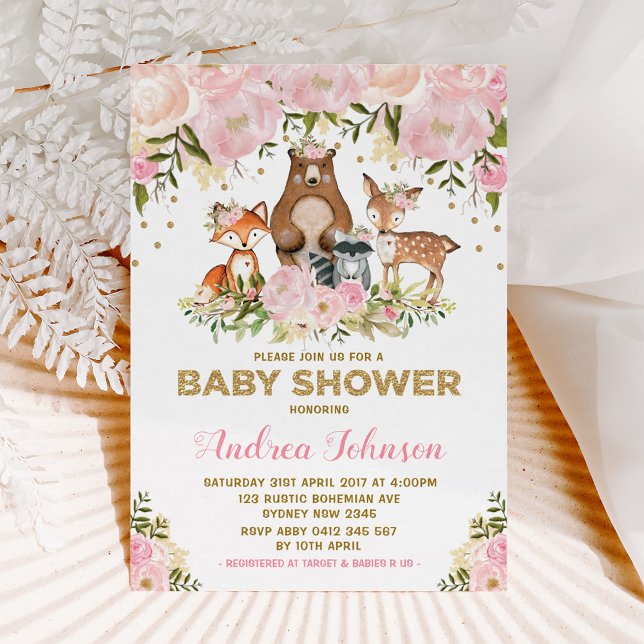 Girl Woodland Baby Shower Forest Animals Pink Gold Invitation (Creator Uploaded)