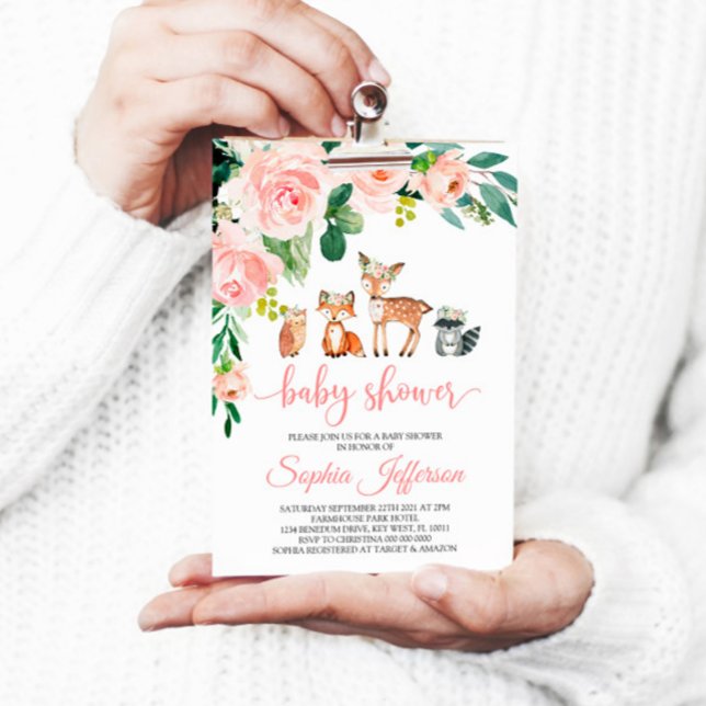 Girl Woodland Baby Shower Forest Animals Pink Rose Invitation (Creator Uploaded)