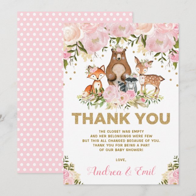 Girl Woodland Baby Shower Pink Gold Thank You Card (Front/Back)