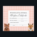 Girl Woodland Birthday Party Adoption Certificate<br><div class="desc">Cute woodland theme girl's birthday party adoption certificate card featuring illustration of a bear and fox. Give out stuffed animals during the party as a party favour along with this certificate!</div>