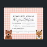 Girl Woodland Birthday Party Adoption Certificate<br><div class="desc">Cute woodland theme girl's birthday party adoption certificate card featuring illustration of a bear and fox. Give out stuffed animals during the party as a party favour along with this certificate!</div>