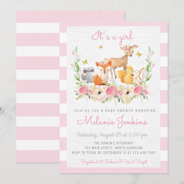 Girl Woodland Deer Baby Shower Invitation (Front/Back)