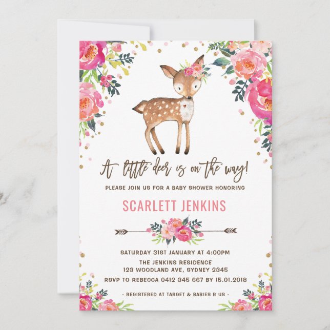 Girl Woodland Deer Baby Shower Invitation Floral (Front)