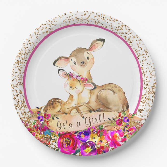 Girl Woodland Deer Baby Shower Paper Plates (Front)