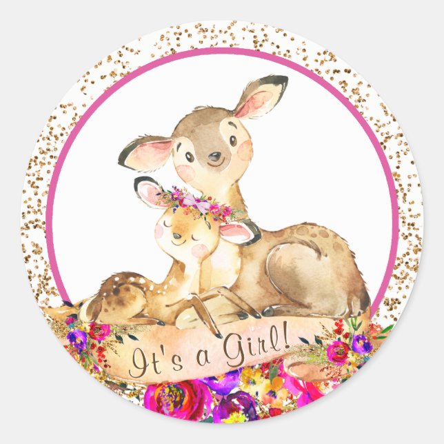 Girl Woodland Deer Baby Shower Stickers (Front)