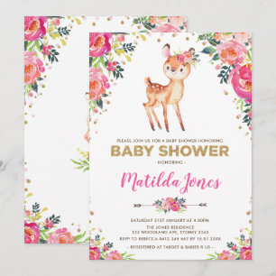 Girl Woodland Deer Floral Fawn Baby Shower Party Invitation