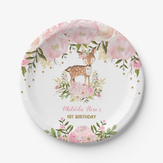 Girl Woodland Deer Pink Floral Forest Doe Birthday Paper Plate (Front)