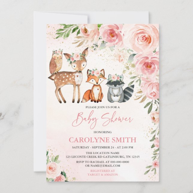 Girl Woodland Floral Baby Shower Invitation (Front)