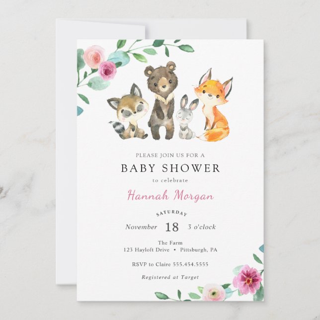 Girl Woodland Forest Animal Baby Shower Invitation (Front)