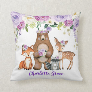 Girl Woodland Forest Animals Purple Floral Nursery Cushion