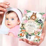 Girl Woodland Forest Pink Floral Wild One Birthday Invitation<br><div class="desc">She's turning a WILD ONE! Celebrate your little girl's 1st birthday with this whimsical woodland themed birthday invitation. The design features a group of adorable forest animals (bear,  fox,  deer,  owl,  racoon),  pretty pink flowers and lush watercolor greenery.</div>