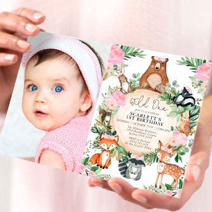 Girl Woodland Forest Pink Floral Wild One Birthday Invitation