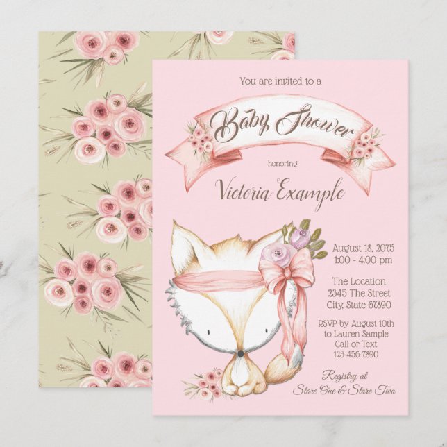Girl Woodland Fox Baby Shower Invitations (Front/Back)