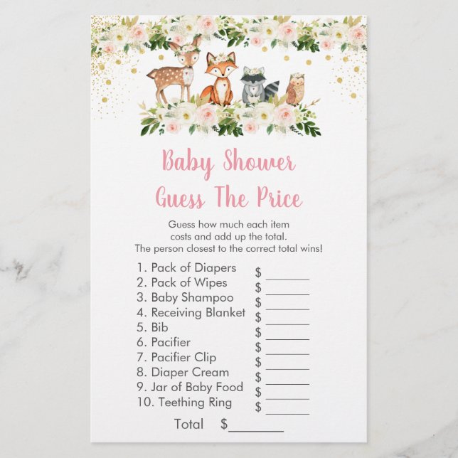 Girl Woodland Guess The Price Baby Shower Game (Front)