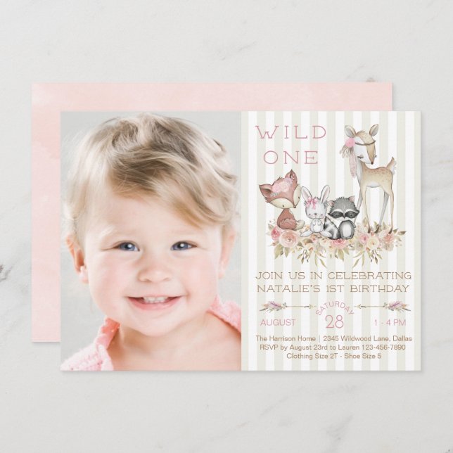 Girl Woodland Photo Birthday Party Invitation (Front/Back)