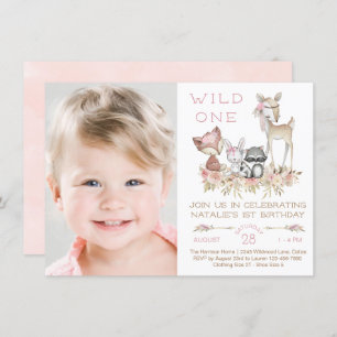 Girl Woodland Photo First Birthday Party Invitation