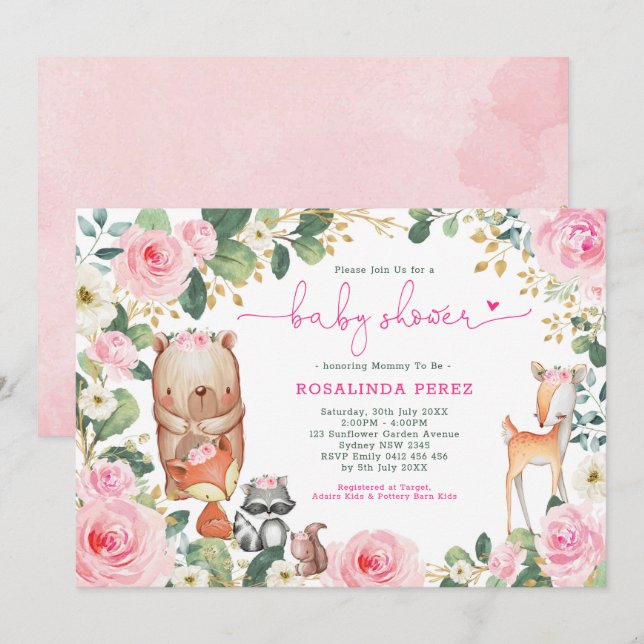 Girl Woodland Pink Floral Roses Forest Baby Shower Invitation (Front/Back)