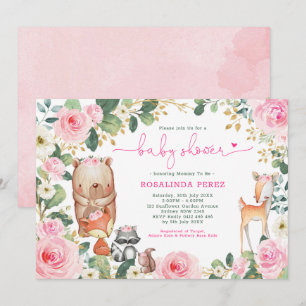 Girl Woodland Pink Floral Roses Forest Baby Shower Invitation