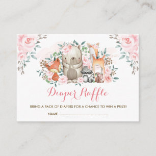 Girl Woodland Pink Rose Baby Animals Diaper Raffle Enclosure Card