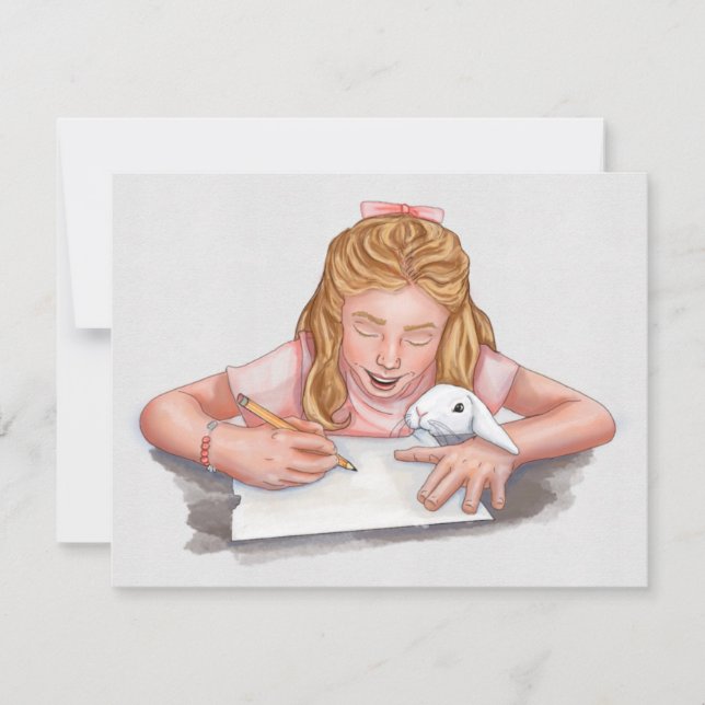Girl writing with pet rabbit eating paper/original (Front)