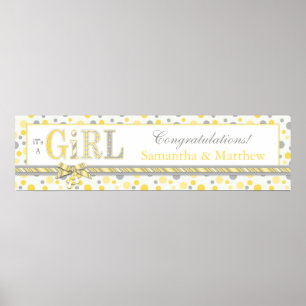 GIRL Yellow Grey Dots Baby Shower Banner Poster