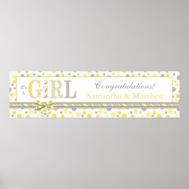 GIRL Yellow Grey Dots Baby Shower Banner Poster (Front)