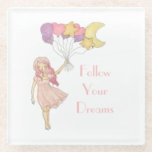 Girl Yellow Purple Heart Stars Moon Balloons Glass Coaster
