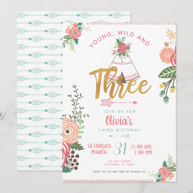 Girl Young Wild Three Boho Tribal Birthday Invite (Front/Back)