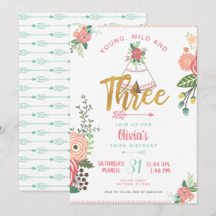 Girl Young Wild Three Boho Tribal Birthday Invite