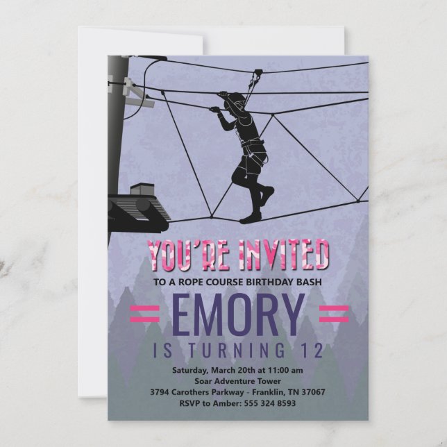 Girl Zipline Ropes Course Birthday Invitation (Front)