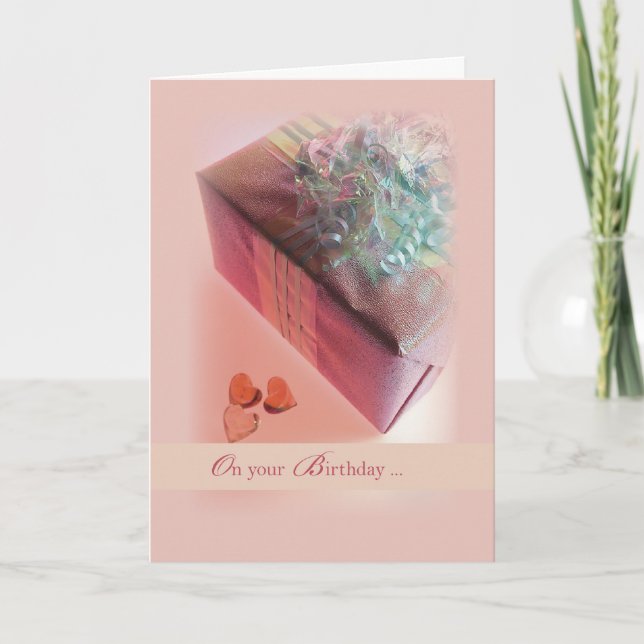 Girlfriend Birthday Card, Pink, Present with Bow Card (Front)