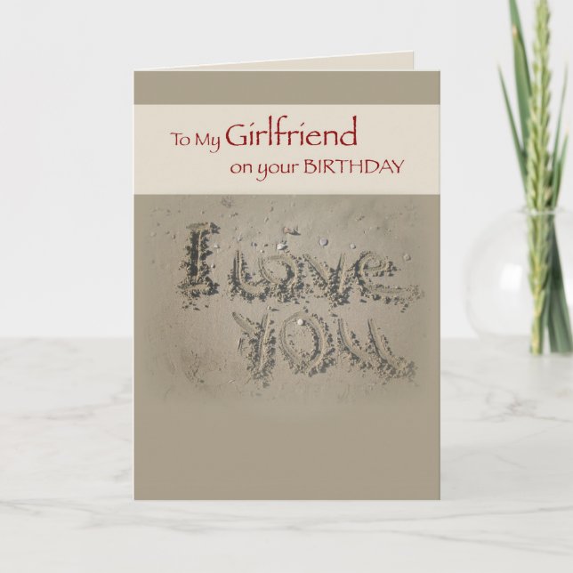 Girlfriend Birthday Love, Writing in Sand on Beach Card (Front)