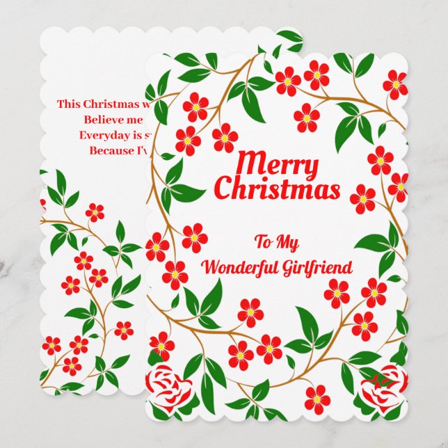 Girlfriend Elegant Merry Christmas Red Rose Green Holiday Card (Front/Back)