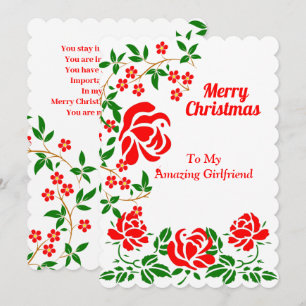 Girlfriend Elegant Merry Christmas Red Roses Green Holiday Card