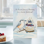 Girlfriend Happy January Birthday Nuthatch Bird Card<br><div class="desc">Designed to honor a cherished girlfriend, this January birthday card features a serene winter scene with a Red-breasted Nuthatch adding a gentle touch to a vanilla cake topped with blueberries and raspberries. Hand-painted in watercolor and pen, it offers a thoughtful blend of nature, warmth, and artistic detail for her special...</div>
