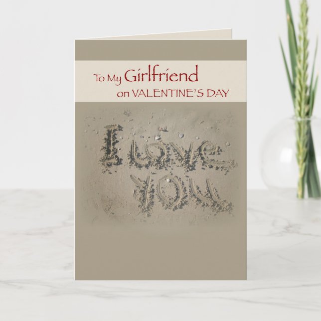 Girlfriend Love You Writing in Sand Valentine's Holiday Card (Front)