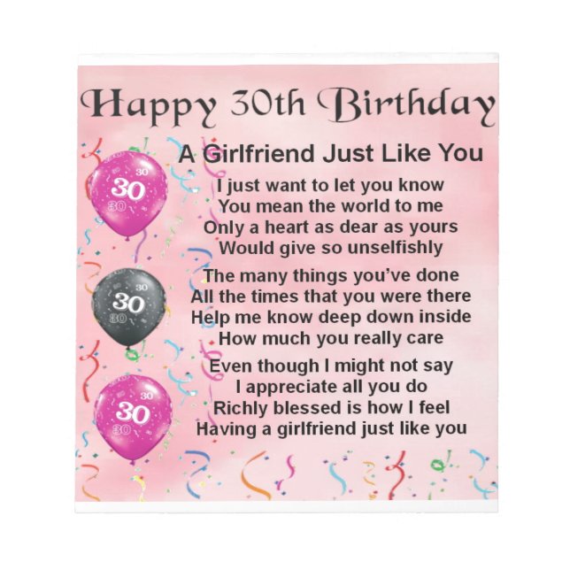 Girlfriend poem - 30th birthday design notepad (Front)