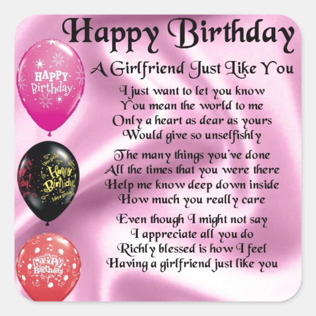Girlfriend poem  -  Happy Birthday Square Sticker (Front)